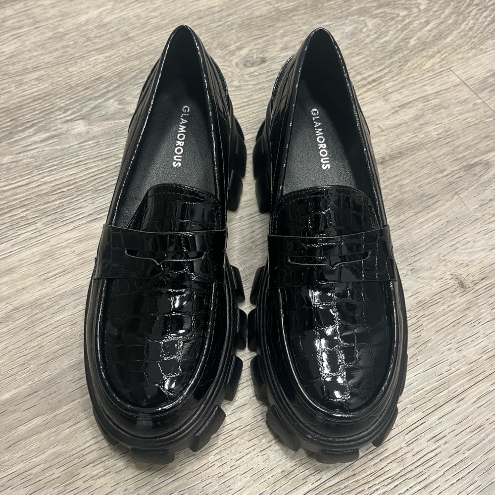 Glamorous chunky loafers in black croc from Asos.